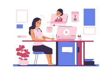 Poster - Online education. Distance learning concept. Cartoon woman watching educational videos. Female character sits at table and works on computer. Girl studies at home. Vector web teaching