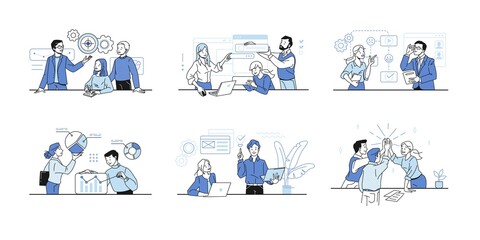 Aufkleber - Business communication. Cartoon people work in office. Teamwork or leadership concept. Employees analyze workflow for effective organization. Innovation management. Vector businessmen set