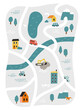 Cute town map for kid's room. Hand drawn vector illustration of a city or village with roads, streets and cars. Nursery concept for bedding, poster