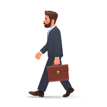 Businessman In A Business Suit And A Briefcase In His Hands Goes To Work On An Isolated Background. Vector Illustration