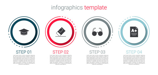 Sticker - Set Graduation cap, Eraser or rubber, Glasses and Exam sheet with A plus grade. Business infographic template. Vector