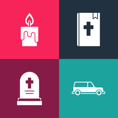 Canvas Print - Set pop art Hearse car, Grave with tombstone, Holy bible book and Burning candle icon. Vector