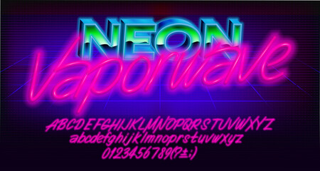 Poster - Neon Vaporwave alphabet font. Glowing neon letters, numbers and punctuations. Uppercase and lowercase. Vector typescript for your typography design.