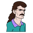 comic drawing of a man with a mullet and mustache. vector, outline.