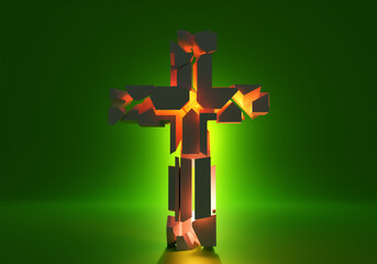 Poster - The light inside the cross. The cross consists of fragments. Abstract geometry. Creative art. A cross on a green background. 3d fantasy. Contemporary art. Religious symbol.