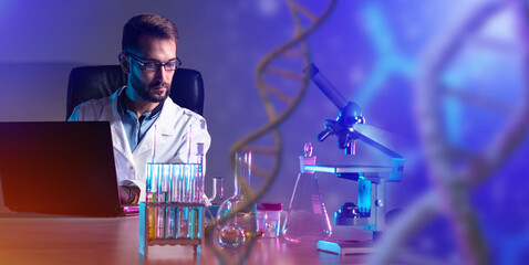 Poster - a geneticist in the laboratory. a man is engaged in manipulating genes. chemist working with sample 