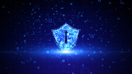 Poster - Shield Icon of Cyber Security. Digital data Network Protection. Network Connection Data Analysis. Technology Digital Data Future Background. 3d rendering