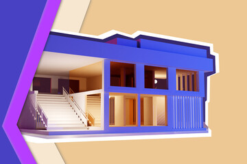 Poster - Painting works. Building design. Selection of paint for the facade. Layout of the house. Construction drawing. Architectural Studio. On the table is a house made of plastic. Paint selection