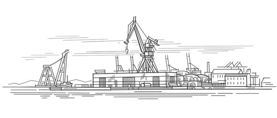 Industrial port line art sketch, vector.	
