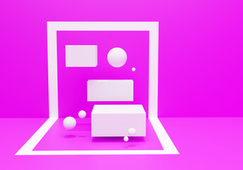 Poster - White and pink geometric background. White and pink catwalk for the product. Artistic presentation of products. A minimalistic display case for the product. Geometric abstraction. Two-color 3d image.