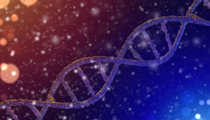 Poster - A helix of DNA in zero gravity. A string of DNA on a blue-red background with bubbles. The study of genetics. Chromosomal analysis. Genetic research. Hereditary diseases. Gene mutation.