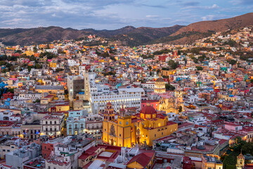 Wall Mural - Aerial view of the Historic Centre of Guanajuato City at dusk in Guanajuato, Mexico.