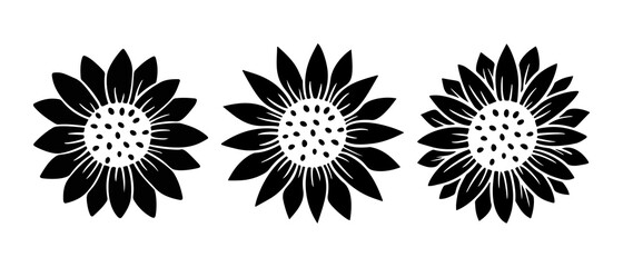 Sunflower simple icon set. Flower silhouette vector illustration. Sunflower graphic logo collection, hand drawn icon for packaging, decor. Petals frame, black silhouette isolated on white background.