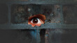 © Boxyray - Eye looking through the hole on cracked wall. Spy peeking through hole in brick wall. Spy concept.