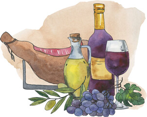 watercolor cottagecore art, farm life scenery illustration, watercolor farm food clipart,  prosciutto,  olives, grape, olive oil and wine scenery clipart