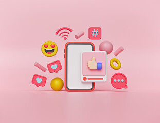 Aufkleber - smartphone and social media icons isolated on pastel pink background. minimal trendy banner. 3d rendering