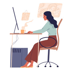 Woman sitting at table and working online at computer.