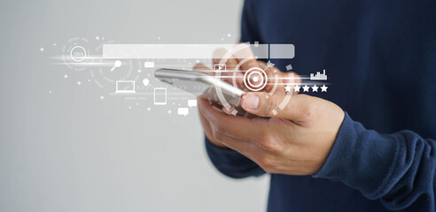 Wall Mural - close up man hand touchscreen on smartphone to use search engine optimization (seo) tools for find c