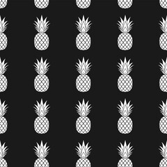 Canvas Print - pineapple seamless pattern. white tropical fruits textile texture on black background. food print, f