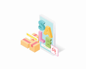 Poster - Online shopping isometric vector illustration. Business and online marketing promotion. Vector illustration.