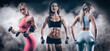 © andy_gin - The image of three sports sexy girls on a smoky background. Fitness and bodybuilding concept.