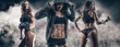 © andy_gin - The image of three sports sexy girls on a smoky background. Fitness and bodybuilding concept.