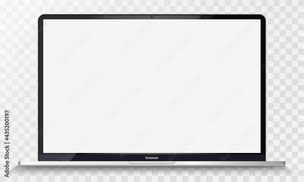 Realistic Silver Notebook with Transparent Screen Isolated. 12 inch Laptop. Open Display. Can Use for Project, Presentation. Blank Device Mock Up. Separate Groups and Layers. Easily Editable Vector. - obrazy, fototapety, plakaty 
