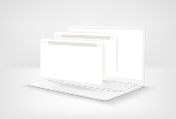 Poster - White laptop with blank browser windows on white background. 3d style vector illustration