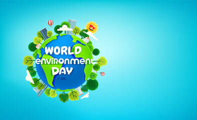 Poster - World environment day banner with trees on the Earth. Cartoon style 3d horizontal banner with cope space