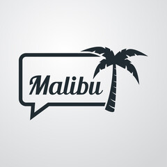 Sticker - Destino de vacaciones. Logotipo con texto Malibu en burbuja de habla con palmera en fondo gris