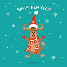 Happy New Year Merry Christmas Greeting Card Background With Cute Funy Cheerful Cartoon Dog In A Xmas Santa Hat And Scarf Umping For Joy