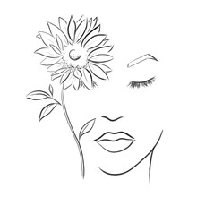 Line Art Sketch Of Woman Face With Flower, Vector Illustration	
