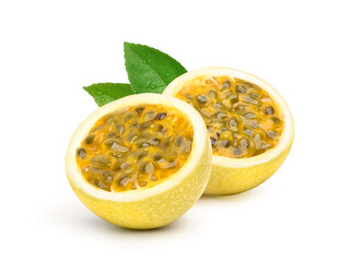 Wall Mural - yellow passion fruit cut in half isolated on white background. clipping path..