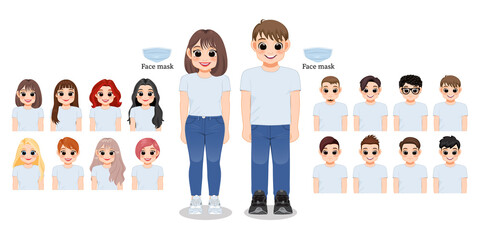 Cartoon character girl and boy in white shirt and blue jeans smiling. Hairstyle Collection, vector illustration