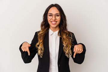 Young mexican business woman isolated on white background points down with fingers, positive feeling.