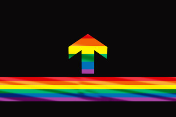 Rainbow arrow and LGBT colorful starting line on black background. Diversity freedom concept and equality social issue idea
