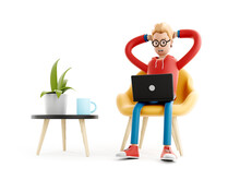 Cartoon Character Sits At The Table With A Laptop. Concept Of Distance Work, Study And Communication. Coder, Designer Or Office Worker, 3d Illustration.