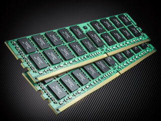 Poster - DDR ram computer memory modules on black background.