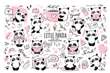 Little Panda - Big Clipart Collection. Set Of Illustrations With Cute Panda Character Doing Various Activities - Hugging Cup Of Coffee, Sleeping, Doing Yoga, Flying On Balloon, Eating Watermelon.