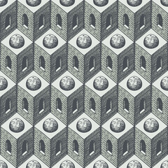 Poster - Seamless pattern with pencil drawings of architectural elements. Abstract vector texture, suitable for wallpaper, wrapping paper, flooring, fabric. Hand-drawn geometric background in grayscale