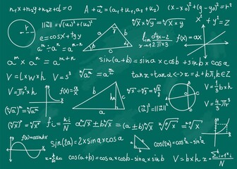 math formulas. mathematical formulas on green school chalkboard. handwritten scientific math equatio