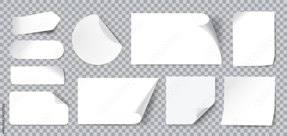 White stickers. Blank adhesive sticker with folded or curled corners. Realistic paper sticky notes in various shapes vector mockup as circle, rectangle, square clean tags or badges - obrazy, fototapety, plakaty 