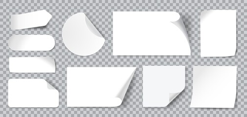 white stickers. blank adhesive sticker with folded or curled corners. realistic paper sticky notes i