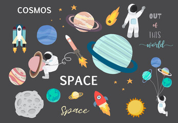 Collection of space object set with astronaut, sun, moon, star,rocket.Editable vector illustration for website, invitation ,postcard and sticker