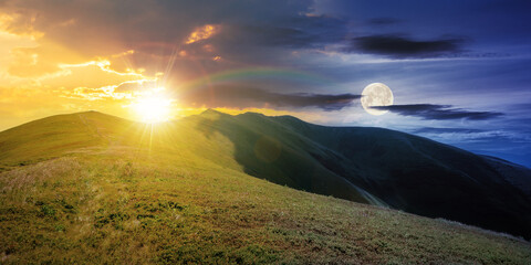 Wall Mural - day and night time change concept above mountain landscape in summer. grassy meadows on the hills rolling in to the distant peak beneath sky with sun and moon