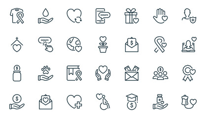 Charity and Donation Linear Icons Set. Volunteering, Charity and Helping concept. Giving help, Donating Money, Clothing, Food, Medicines and Love for People. Editable stroke. Vector illustration