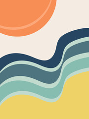 Abstract colorful seascape illustration with blue ocean waves, sandy beach and sun decoration on pastel pink background