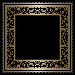 Wall Mural - Vintage gold square frame with lace border pattern on black background. Golden floral ornament. Ornate trim decoration for book cover or picture frame design. 