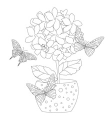 Wall Mural - beautiful growing flower in cute flowerpot with butterflies flyi