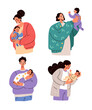 Happy parents mothers and fathers holding newborn babies on hands. Parenthood motherhood fatherhood concept. Vector flat cartoon modern style graphic illustration